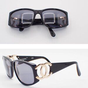CHANEL CC Logos Sunglasses Eye Wear Plastic Black Gold 02461 64RL559